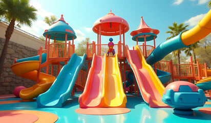 colorful slides play equipment surround kids futuristic playground advanced tech artificial intelligence
