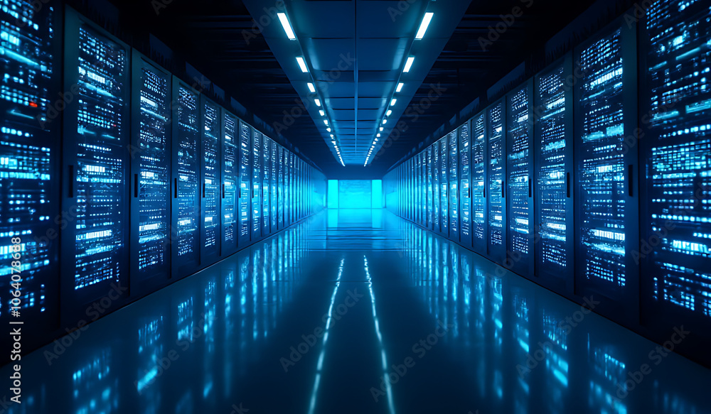 Poster digital waves fill high tech data center abstract lights future networking technology