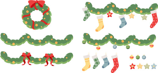 Christmas garland. Traditional Xmas decor of spruce branches with holiday decorative elements red bow and tree balls, socks. Cartoon hand drawn vector illustration