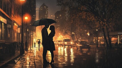 Fototapeta premium A romantic couple shares a kiss under an umbrella in a rainy city street at night, illuminated by streetlights and reflections