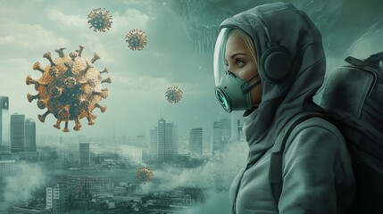 Woman in protective gear overlooking cityscape with floating virus particles, concept of survival in pandemic world
