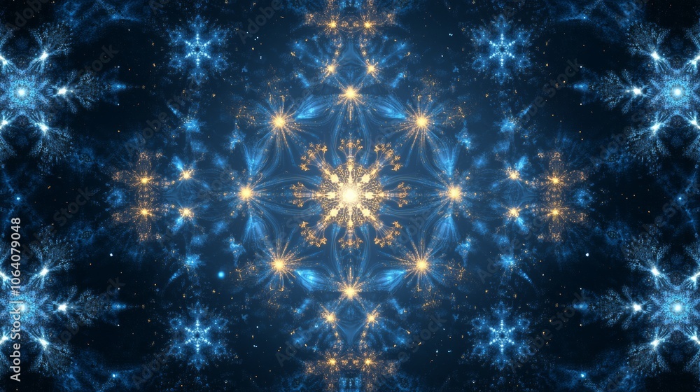 Poster abstract snowflake pattern on a deep blue background with soft, glowing edges and a mystical wintery