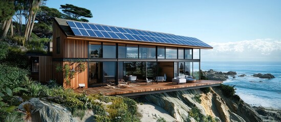 Modern, eco-friendly home with solar panels on a cliff overlooking the ocean with a wooden deck and lush greenery.