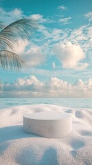 A white pedestal is on a beach with a palm tree in the background