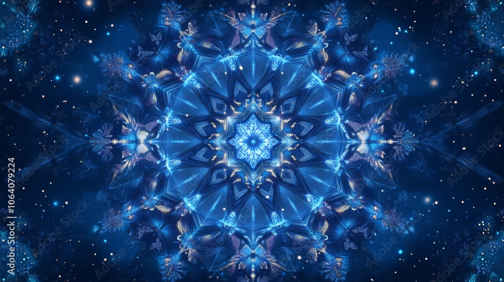 Poster abstract snowflake pattern on a deep blue background with soft, glowing edges and a mystical wintery