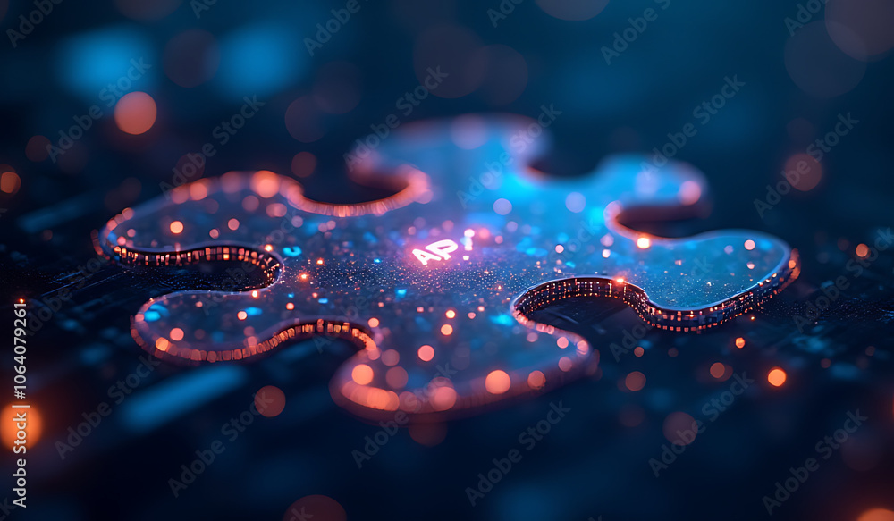 Poster glowing digital puzzle pieces connect representing api integration system interoperability futuristi