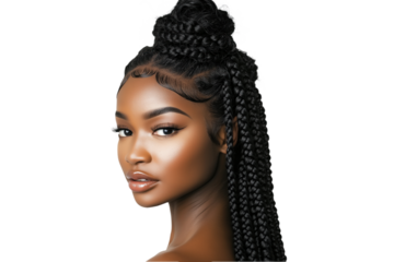Close-up portrait of a black African woman with curly long braids in a high bun on isolated transparent background. Her dark hair contrasts with the vibrant green braid and neutral expression.