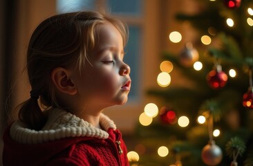 Close-up side profile of a young girl in a cozy red sweater with a warm collar, gazing dreamily at a decorated Christmas tree, eagerly awaiting Santa Claus and the gifts of the holiday season