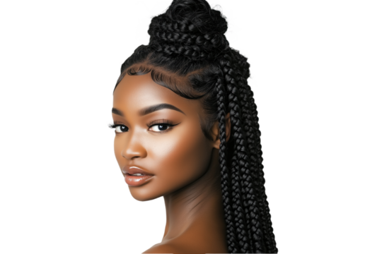 Close-up portrait of a black African woman with curly long braids in a high bun on isolated transparent background. Her dark hair contrasts with the vibrant green braid and neutral expression.