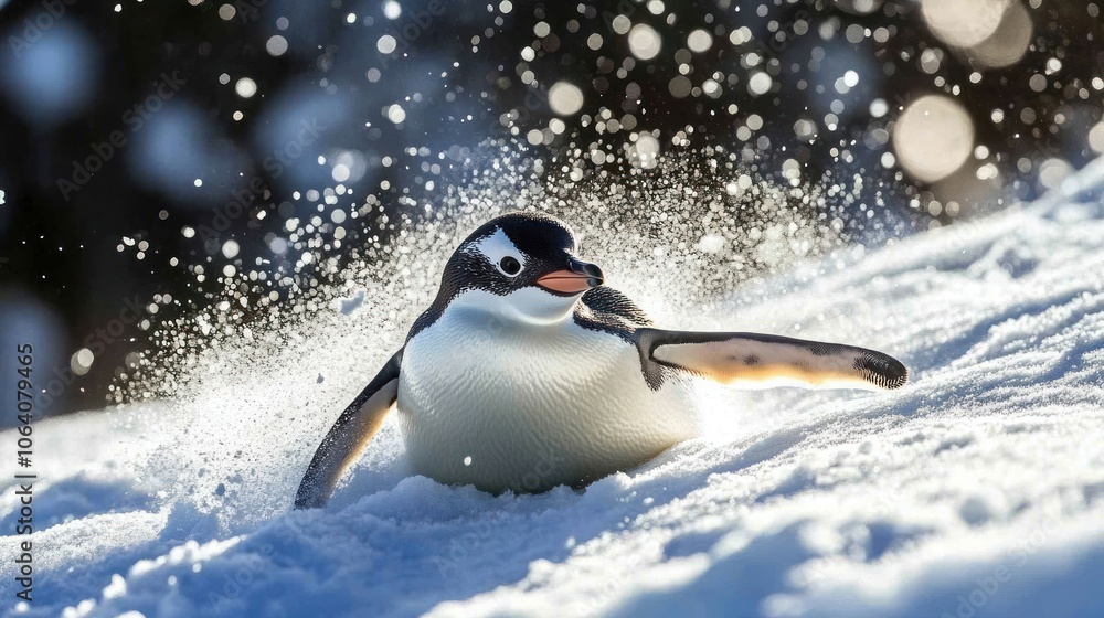 Poster a penguin sliding on its belly through snow, with a splash of water and a bokeh effect.