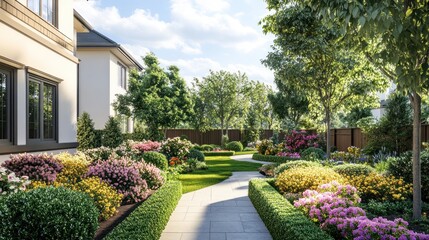 Obraz premium A winding stone path leads through a lush, manicured garden with blooming flowers and green hedges, showcasing a beautiful outdoor space for relaxation and enjoyment.