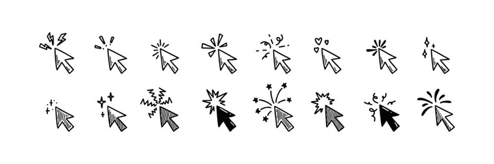 Holiday firework, sparkle and glitter arrow pointers. Doodle click cursor. Merry Christmas and happy new year design element. Festive sketch vector illustration