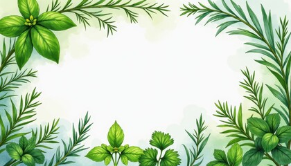 Illustration with copy space in the middle, surrounded with fresh herbs basil, cilantro, and rosemary