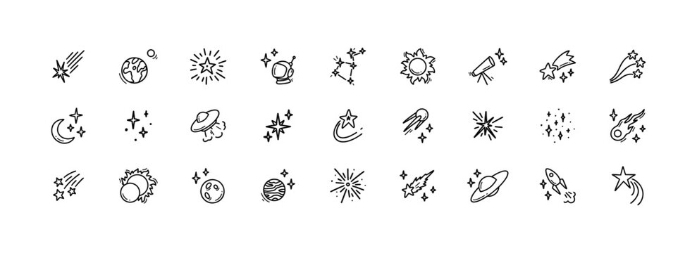 Cute line doodle space icons set. Hand drawn linear simple cosmic design elements. Rocket, sun, moon, planet, falling stars contour illustrations. Childish crayon drawing. Solar system