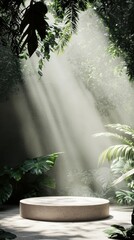 A stone pedestal is surrounded by lush green foliage and sunlight