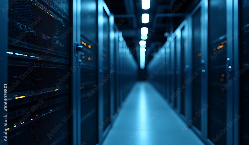 Poster highly detailed image shows sleek modern data storage facility many computers servers running smooth