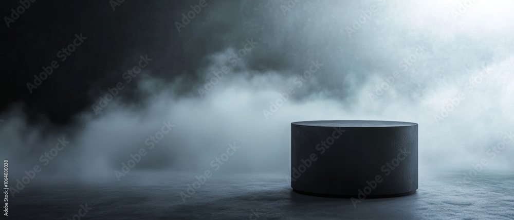 Poster a black object is sitting on a wet surface with a foggy mist surrounding it