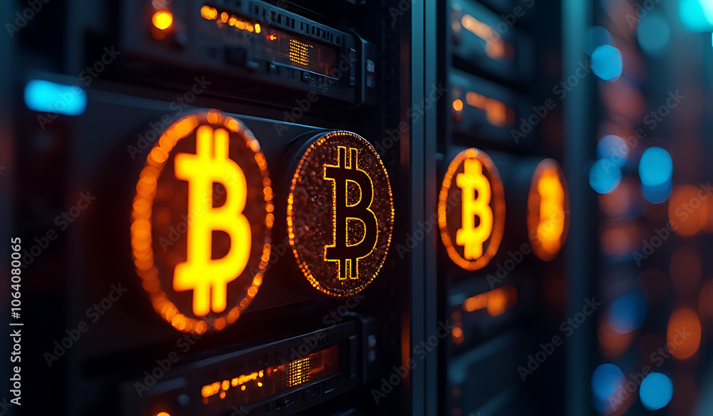 Poster lowing bitcoin symbols servers represent digital currency mining blockchain technology financial inn
