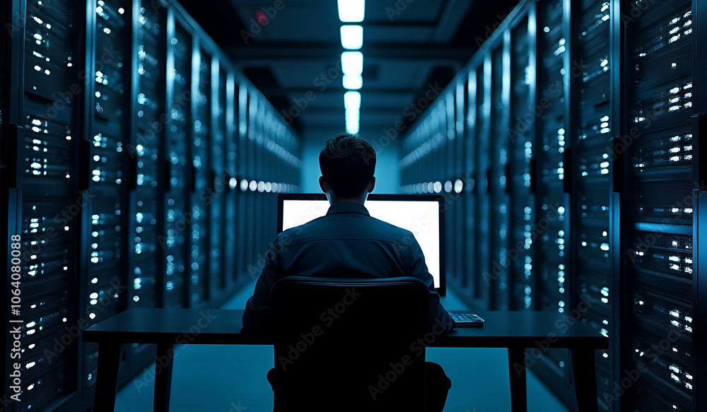 Aufkleber man sits alone computer dark data center filled humming servers blinking lights