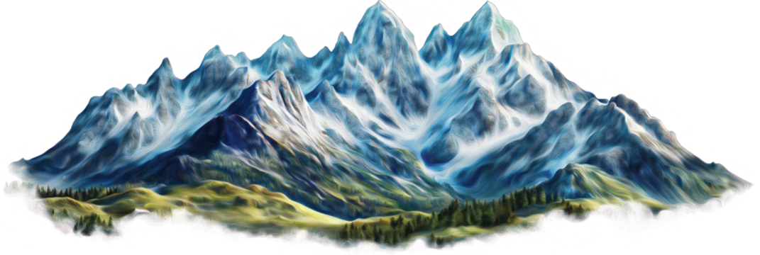 Serene alpine landscape with majestic mountain range, varying in size. Dominant peaks rise against clear blue sky, adorned with snow patches. Grandeur, dominance, harmony, and tranquility. Transparent