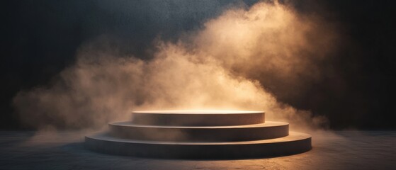 A smokey, dark background with a large, circular stage in the foreground