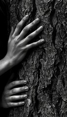 photo of a woman's arms embracing trunk of a tree