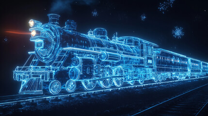 Fototapeta premium Blue Neon Steam Locomotive Train on Tracks with Fireworks Background