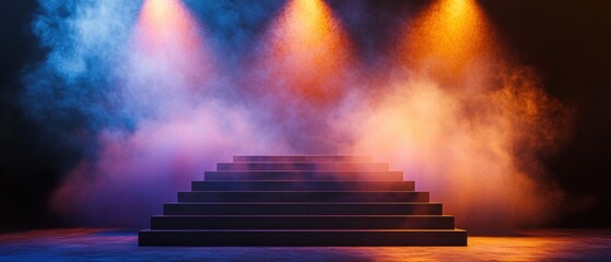 A staircase with a blue and orange smoke effect