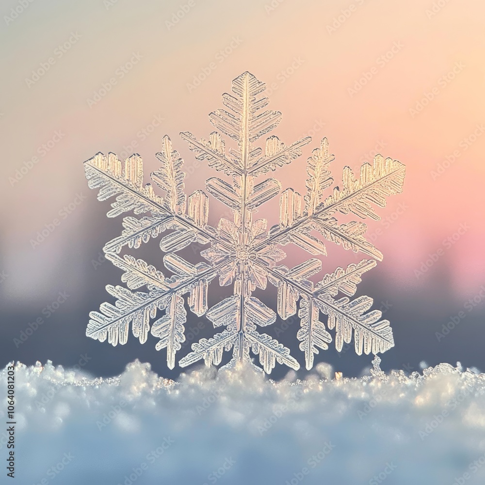 Poster detailed snowflake on a gradient background, softly illuminated and surrounded by delicate snow part