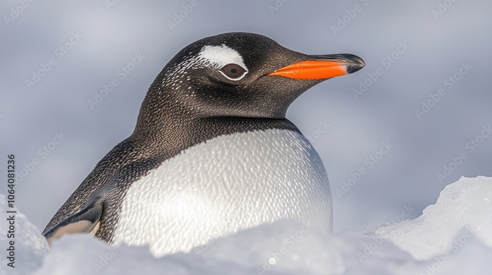 Poster a gentoo penguin rests in a snowy environment with its head turned to the side.