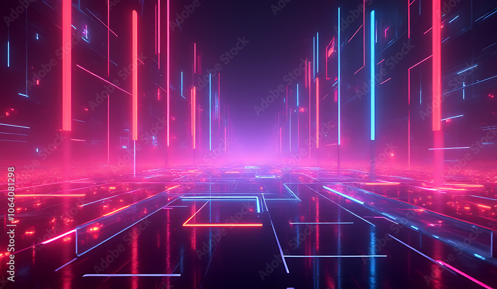 Poster vibrant neon lights fill futuristic abstract background square shapes lines high tech design element