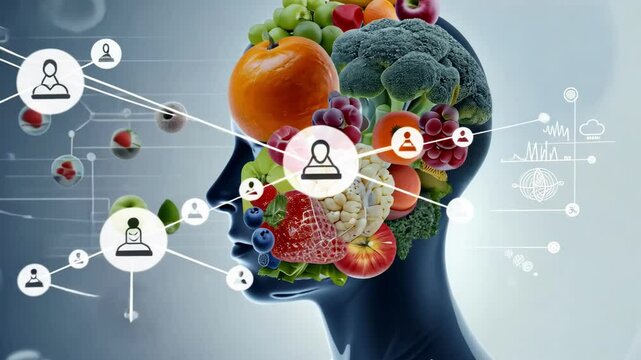 Digital concept of a human brain filled with fruits and vegetables, representing nutrition and mental health with a network of health icons. Emphasizes the link between diet and cognitive function. 4K
