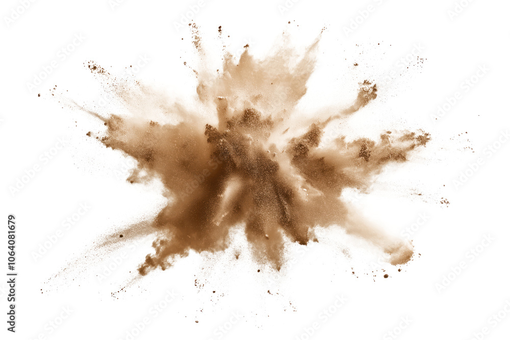 Poster brown cloudburst explosion with dark shadow on light gray background. small particles create depth a