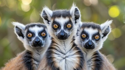 Obraz premium Three playful and curious ring-tailed lemurs stand close together, displaying distinctive facial features, vibrant eyes, and fluffy fur, showcasing their social behavior in a natural setting.
