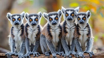 Five playful ring-tailed lemurs sit together on a wooden log, displaying curious expressions, vibrant eyes, and social interactions in natural habitat, enjoying sunny day.
