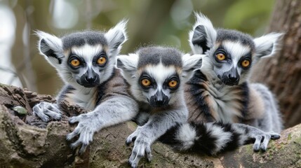 Three playful lemurs with striking orange eyes lounging on tree branches, showing curiosity and camaraderie, enjoying their natural habitat in lush environment.