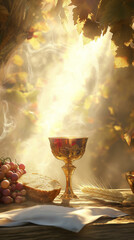 Silver chalice, golden cup, fill with wine from grape, accompanied by bread made from wheat, serve central element of Corpus. Christi communion, reflect tradition of religion, deep spirituality.