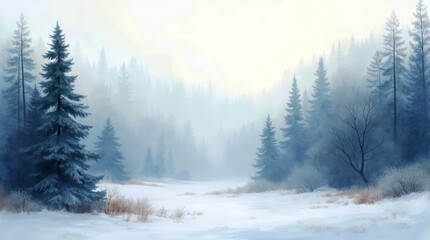 Obraz premium Watercolor Depiction of a Foggy Winter Wilderness Forest Scene