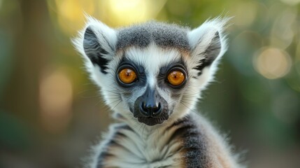 Fototapeta premium Close up portrait of curious ring-tailed lemur with striking orange eyes, showcasing intricate facial features, surrounded by soft blurred natural background, highlighting playful animal behavior.