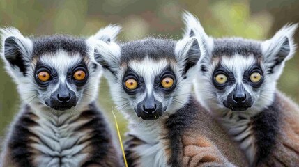 Fototapeta premium Three ring-tailed lemurs pose together, showcasing striking facial features and vibrant eyes, in a natural habitat, exhibiting curious expressions and social interaction, copy space.