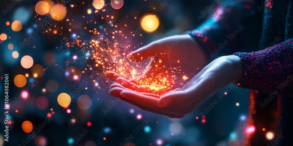 Poster a pair of hands hold shimmering particles of light in a magical display. this captivating image brin