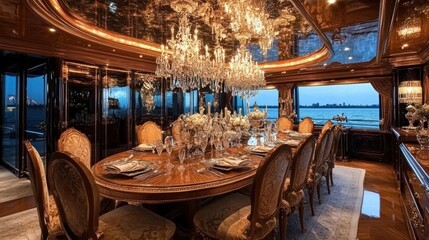 Fototapeta premium Luxurious dining room on a yacht with a large crystal chandelier, a wooden table, and chairs, and a view of the ocean.