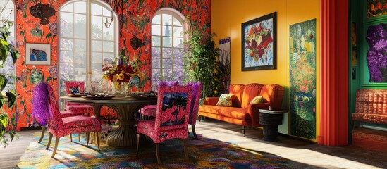 Brightly colored dining room with a floral patterned wallpaper, a colorful rug, and a large window.