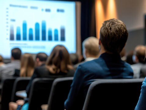 Business conference with professionals listening to a presentation on financial trends