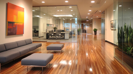Modern Office Lobby with Glass Walls  Sofa  and Hardwood Floors