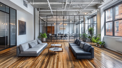 Naklejka premium Modern Office Lounge with Glass Walls Wood Floor and Couches