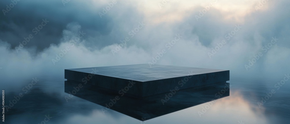 Poster a square is floating in the water with a foggy sky in the background