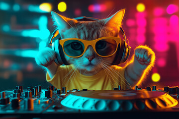 Funny DJ Cat with Headphones and Sunglasses at Party