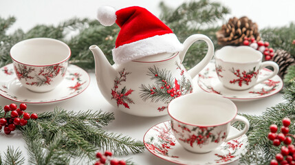Fototapeta premium Festive Christmas Tea Party with Teapot and Cups in Red and Green Holly Pattern