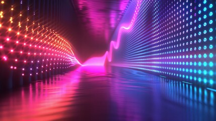 Abstract digital artwork featuring a neon-lit tunnel with glowing dots in pink, orange, and blue hues. Wavy lines and reflective surfaces create a sense of depth and motion